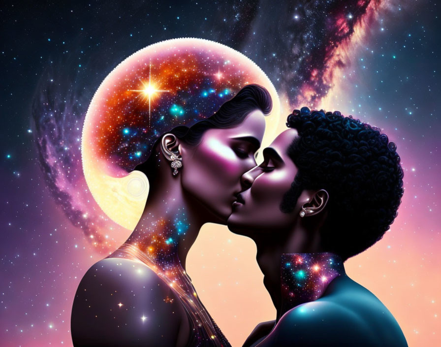 Romantic digital artwork: Couple silhouettes kissing under cosmic night sky