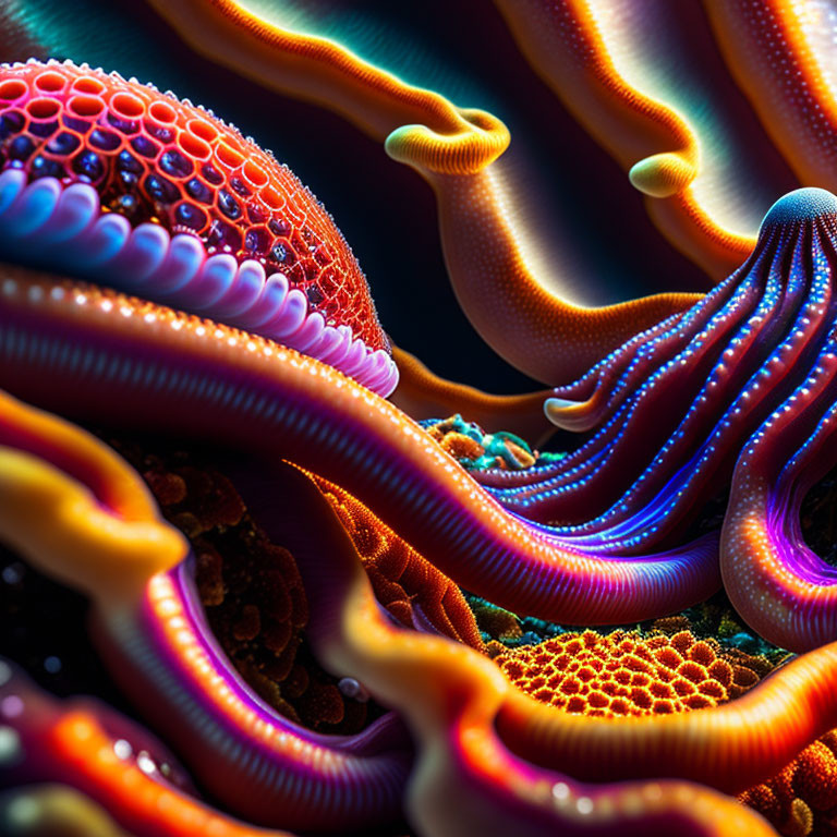 Abstract digital artwork with vibrant, flowing organic shapes and bioluminescent texture