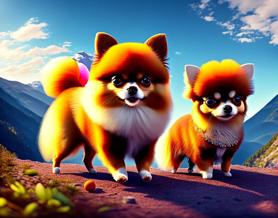Pomeranians playing ball in the mountains