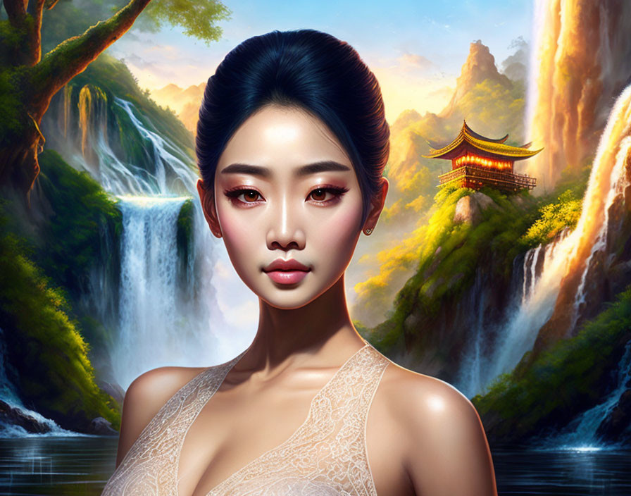 Digital portrait of woman with Asian landscape background, waterfalls, cliffs, pagoda