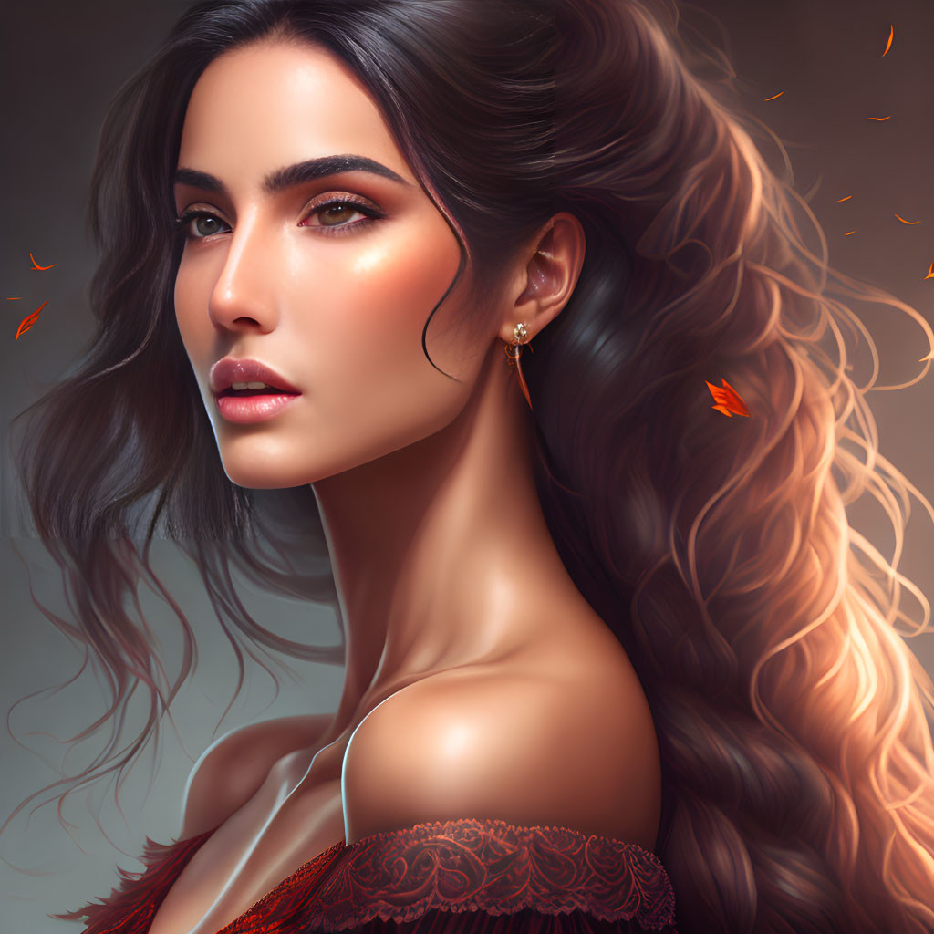 Portrait of woman with long wavy hair and glowing skin amid warm embers.