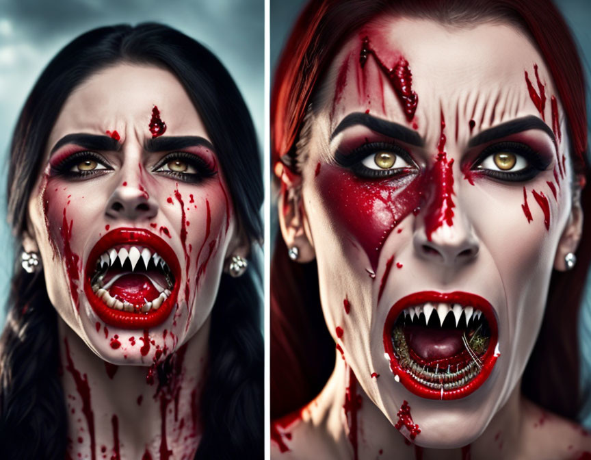 Split Image: Vampiric Woman with Exaggerated Fangs and Blood-Stained Features