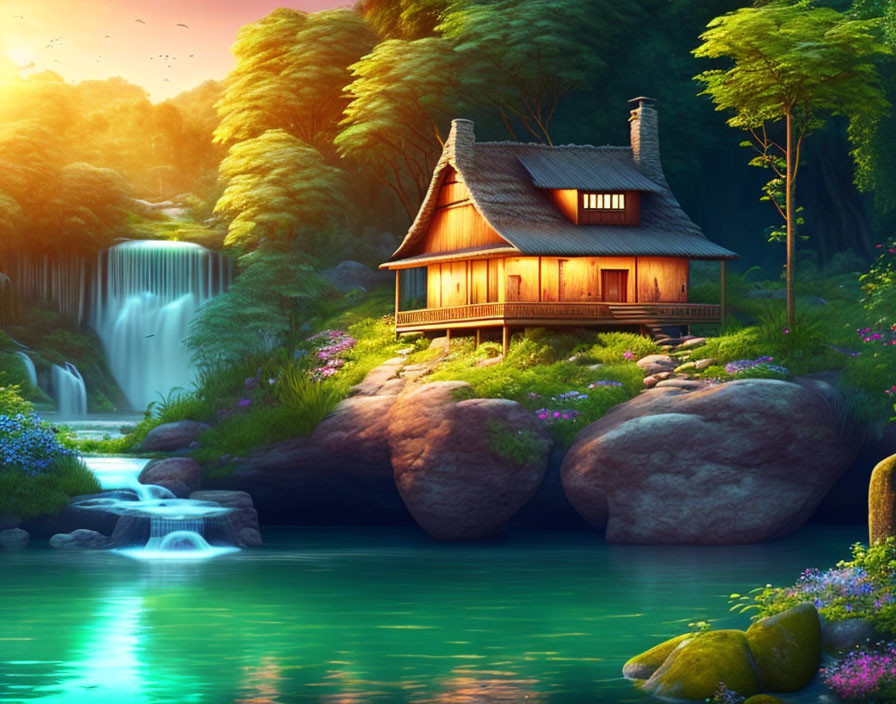 Tranquil woodland cabin by stream and waterfall at dusk