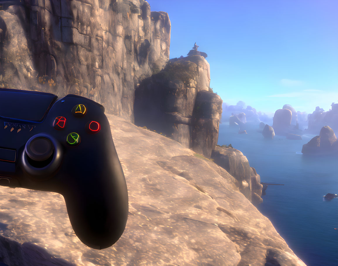 Game controller against rocky landscape and misty sky fusion