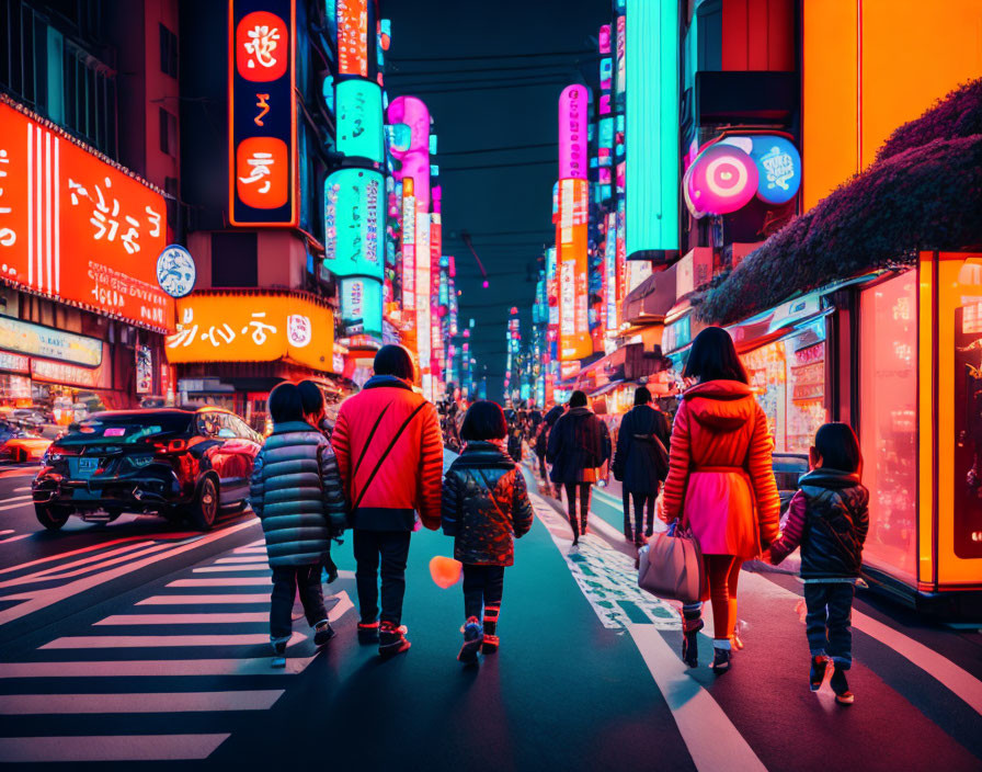 A family walking down a bustling street in Tokyo