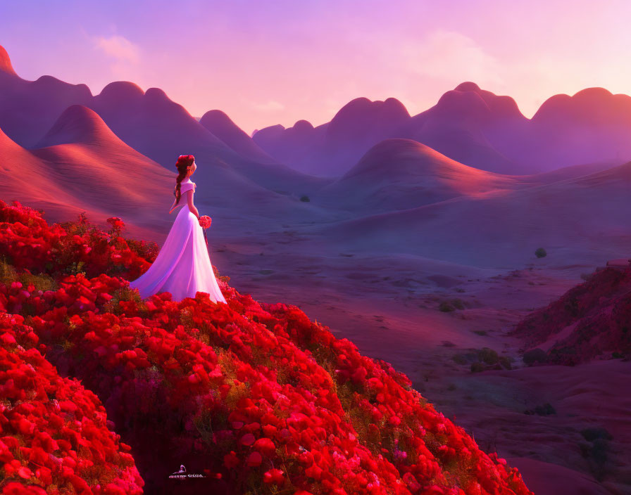 Woman in White Dress in Vibrant Red Flower Field at Dawn or Dusk