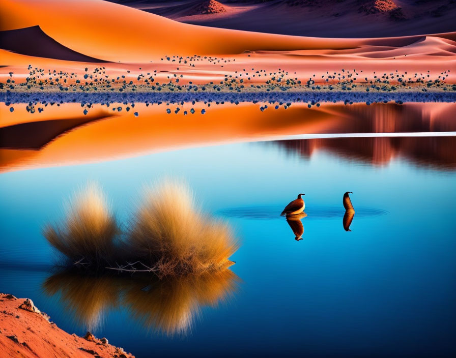 Tranquil lake scene: Ducks, orange dunes, blue sky at dusk