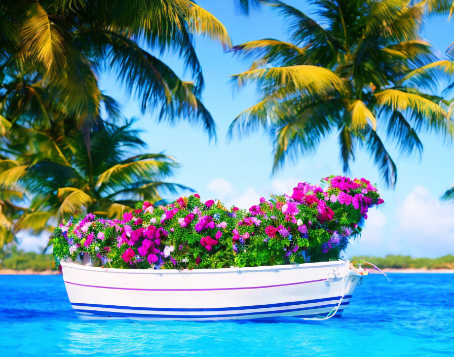 White boat with pink flowers near tropical beach and palm trees