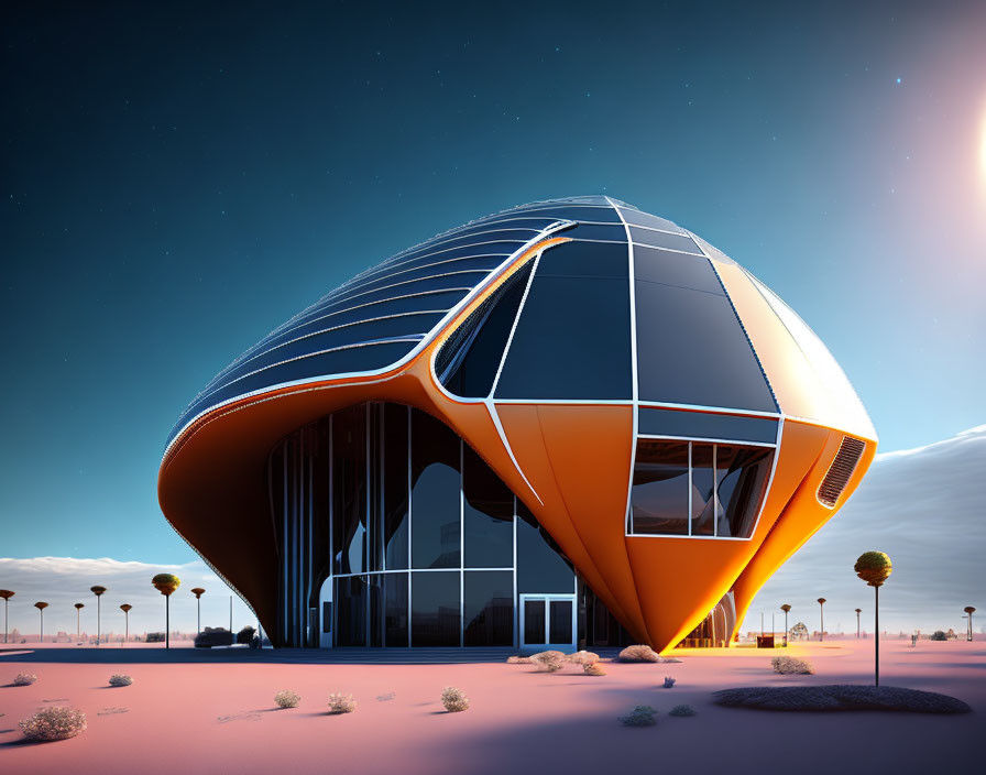 Modern orange glass building in desert sunset scene