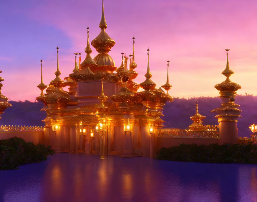 Golden Temple with Multiple Spires Reflecting in Water at Dusk