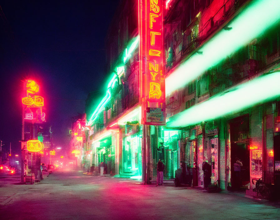 Vibrant neon-lit street at night with multilingual signs