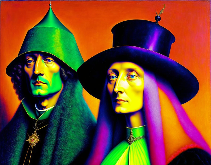Colorful modern art: man and woman in historical attire with surreal, elongated features