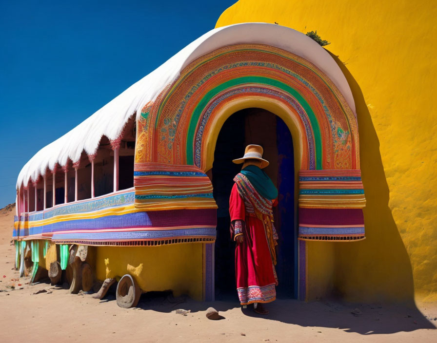 Person in Bright Traditional Clothing at Colorful Desert Bus Entrance
