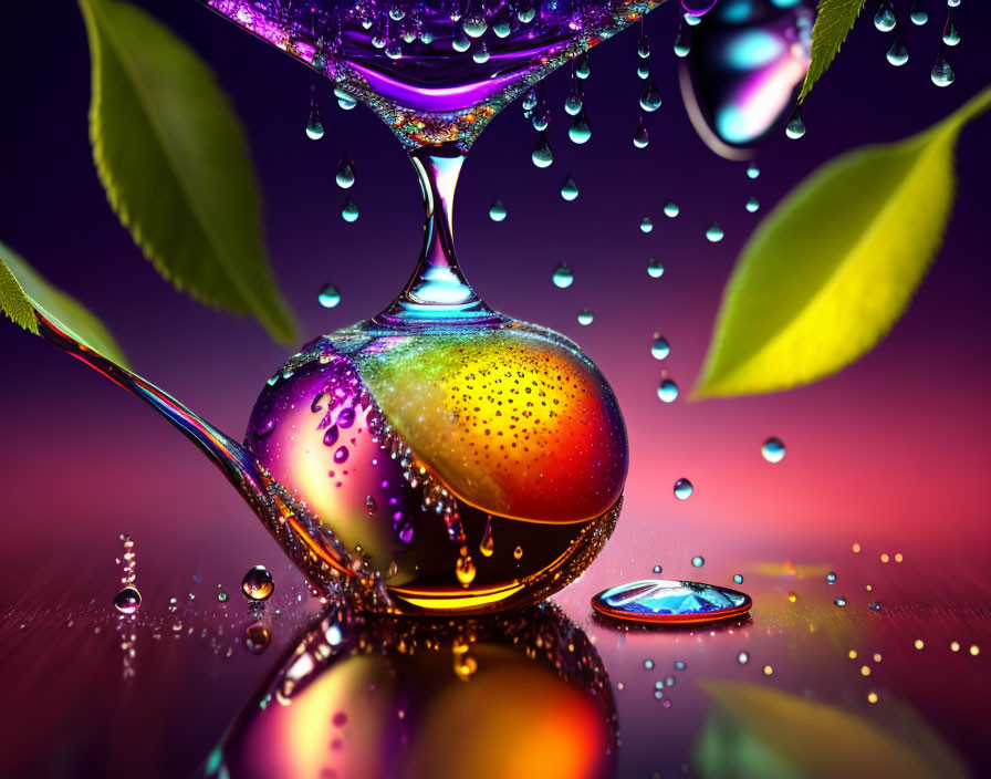 Colorful Glass with Liquid Splash, Spoon, and Marbled Sphere Artwork