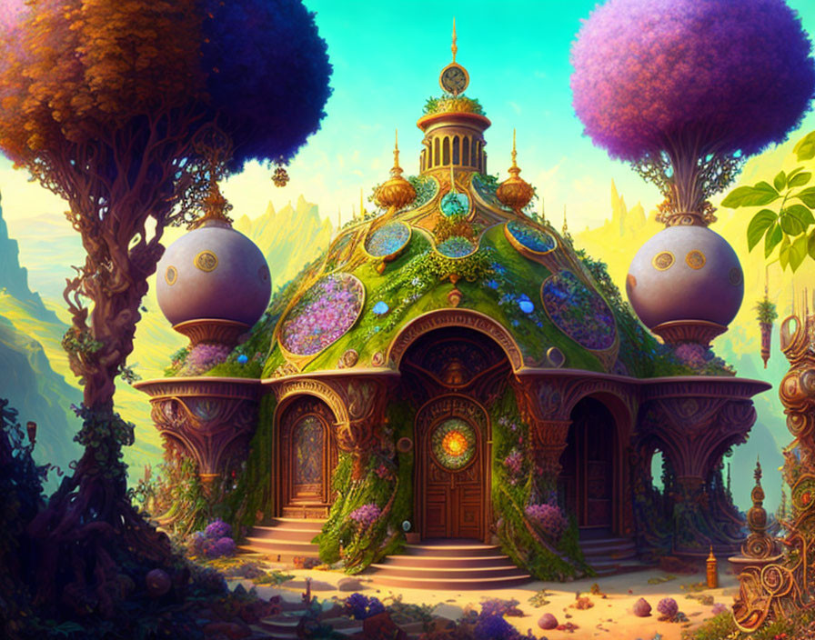 Dome-shaped building with jewel adornments and whimsical trees under magical sky