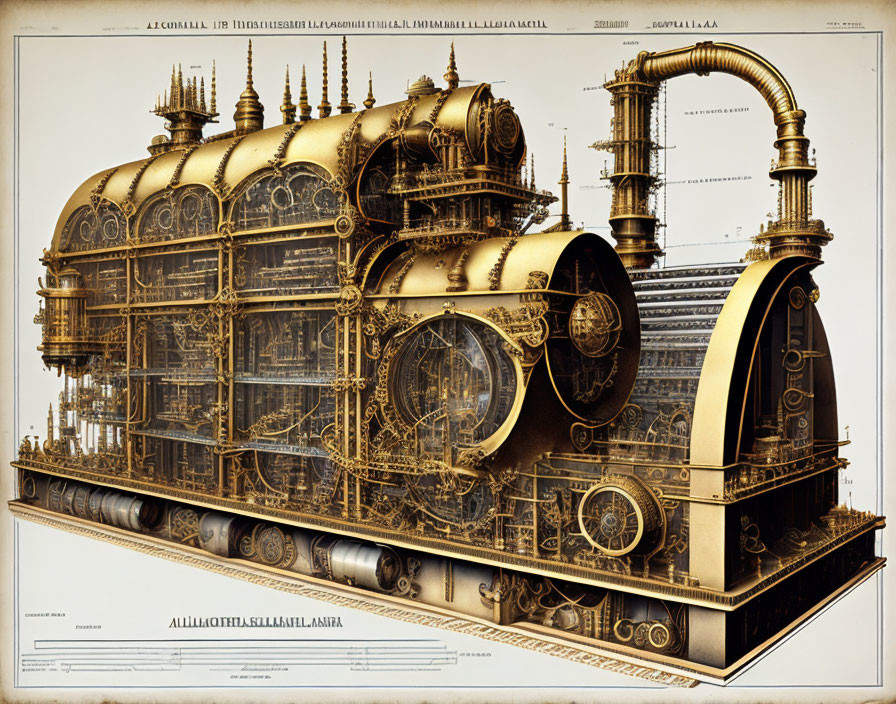 Detailed vintage illustration of ornate steampunk train engine