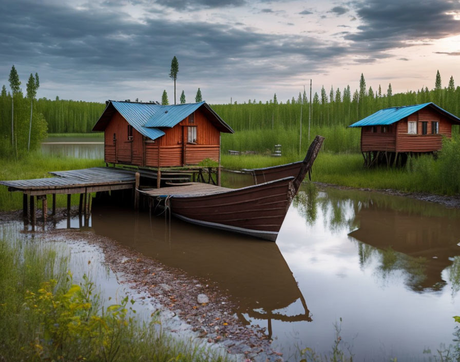 Rustic wooden cabins by serene lake with boat and green trees