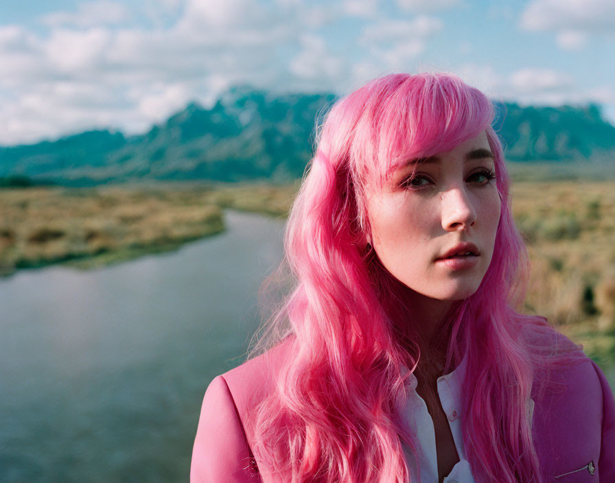 Pink-haired woman in nature with mountains and river.