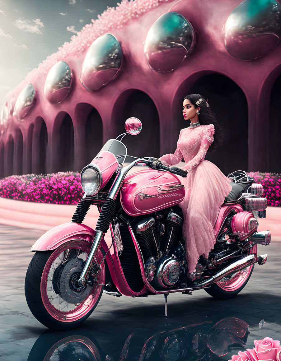 Woman in Pink Gown on Motorcycle by Whimsical Pink Building with Bubble Windows