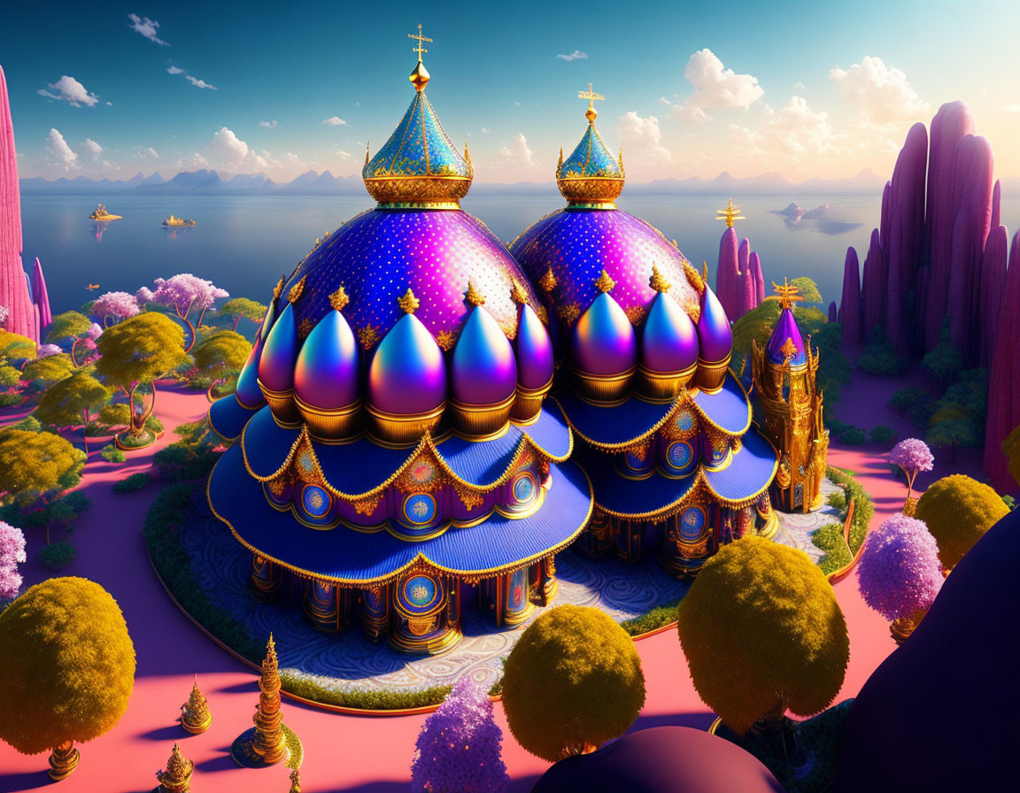 Colorful domed structure in fantastical landscape with pink trees and golden sculptures