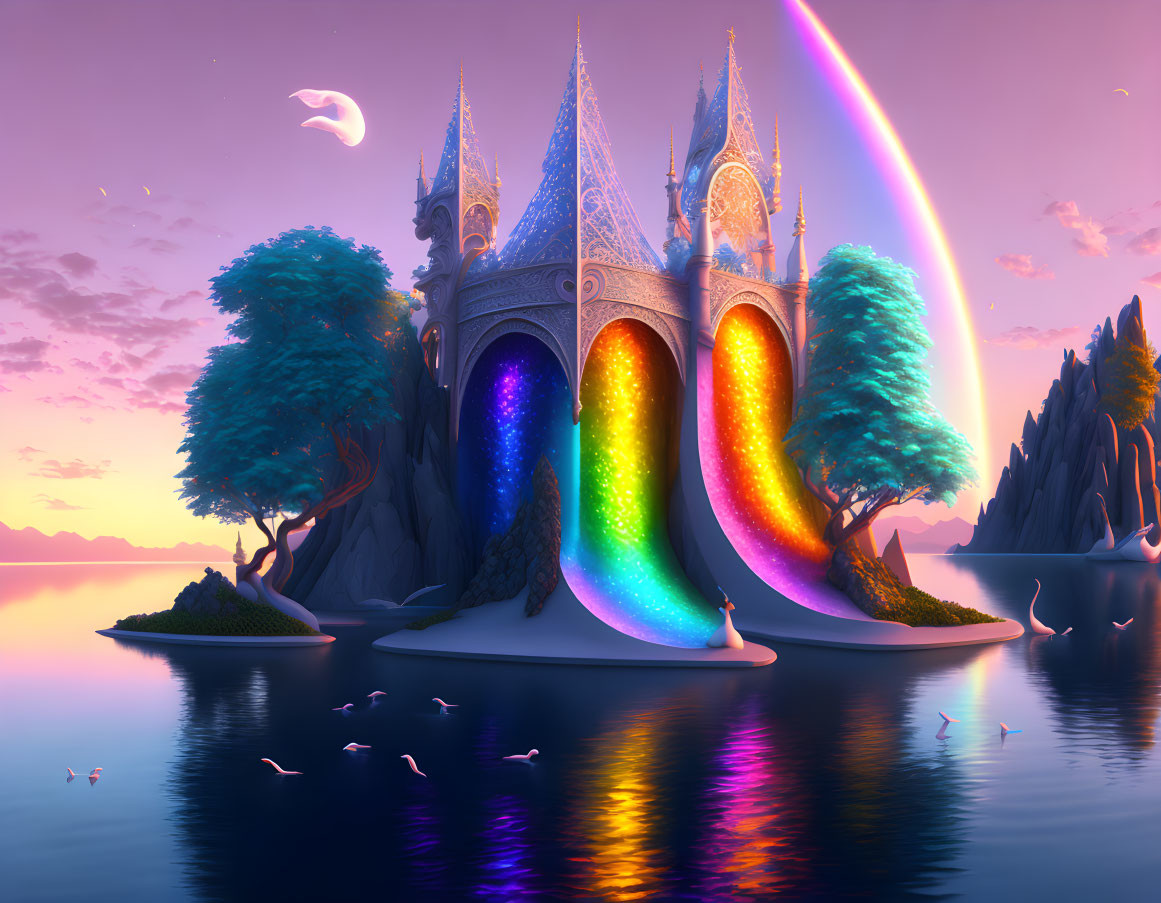 Colorful fantasy castle with rainbow arcs, water, birds, and crescent moon at dusk