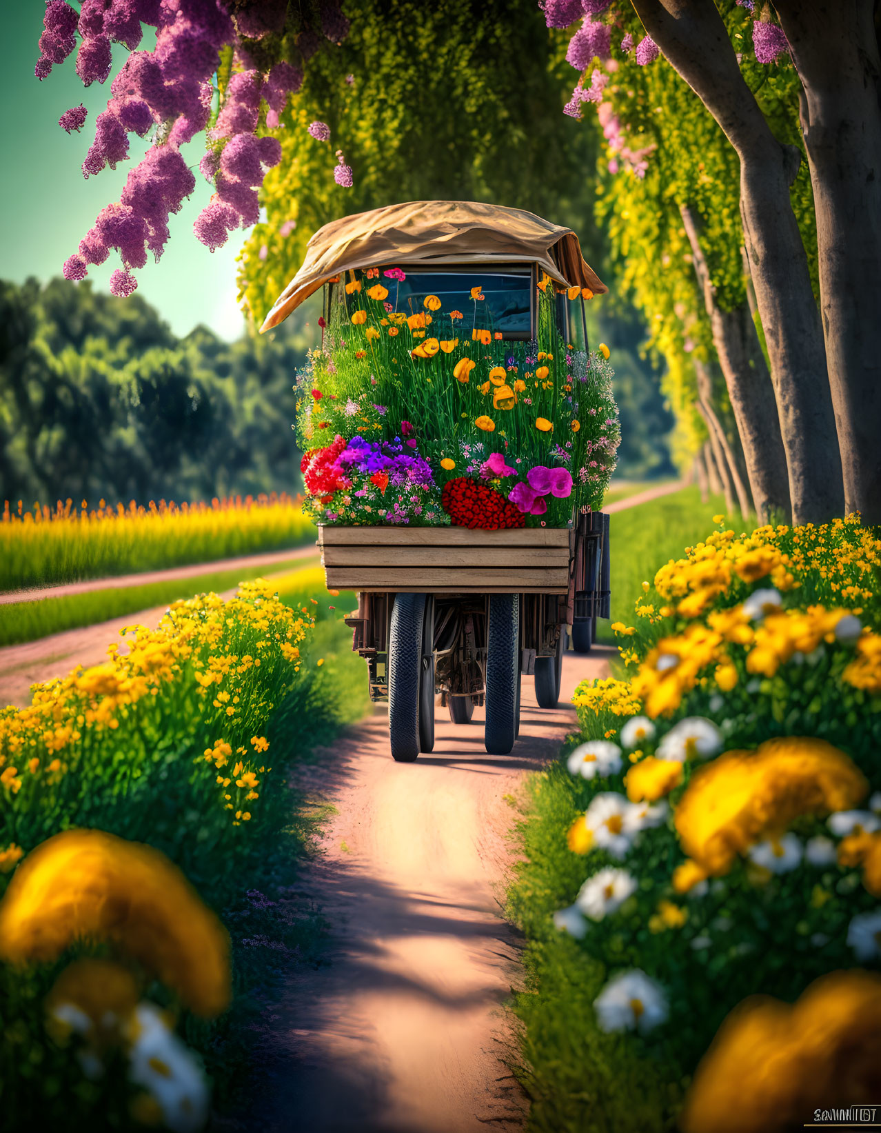 Colorful flower cart on serene pathway with lush trees
