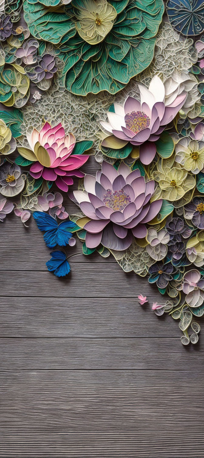 Exquisite paper flowers in various shades on wooden surface with blue butterfly