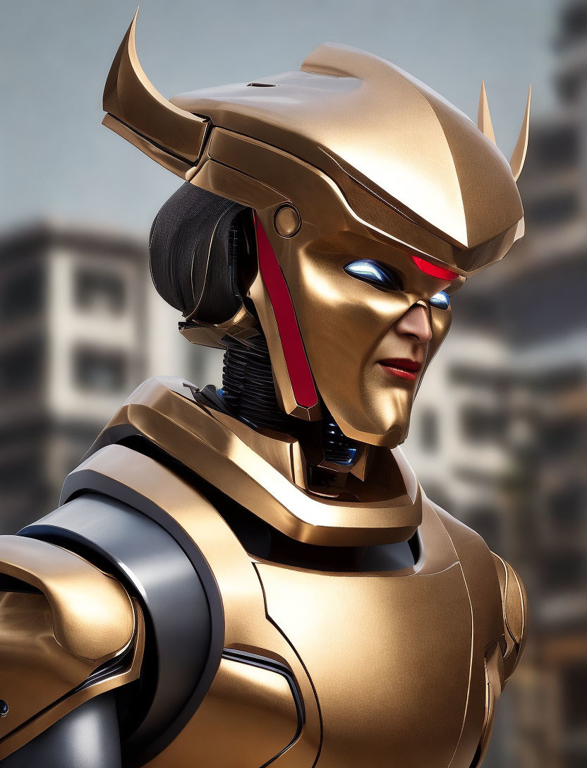 Person in Gold and Silver Superhero Costume with Helmet and Red Eyes against City Backdrop