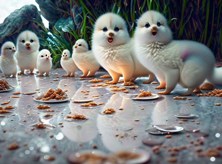 Whimsical fantasy illustration of fluffy creatures with duckling faces in a magical setting