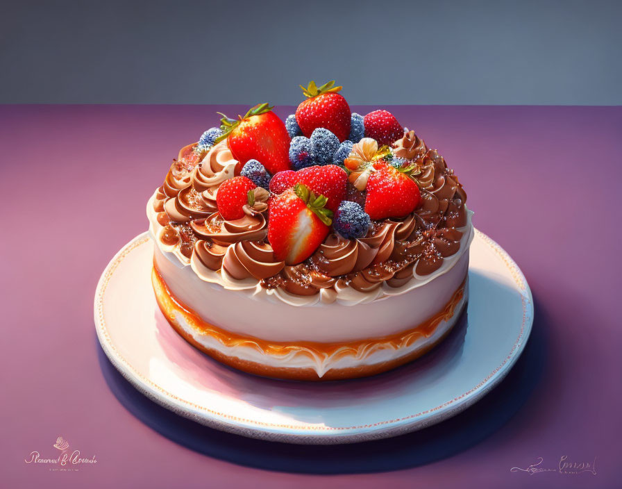 Realistic digital illustration of a decorated cake with berries and chocolate icing