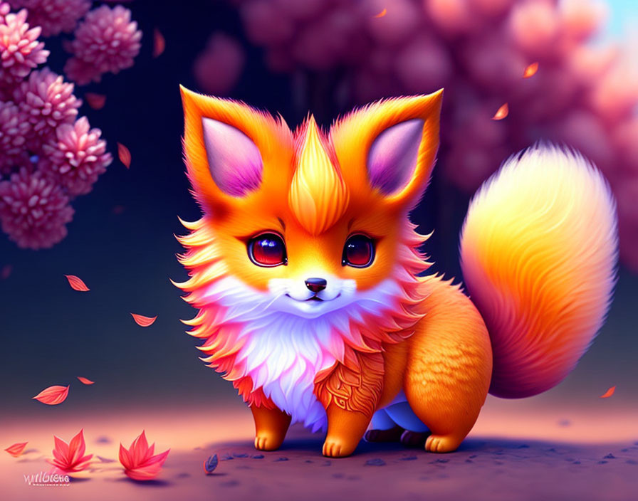 Whimsical orange fox with expressive eyes and pink leaves.