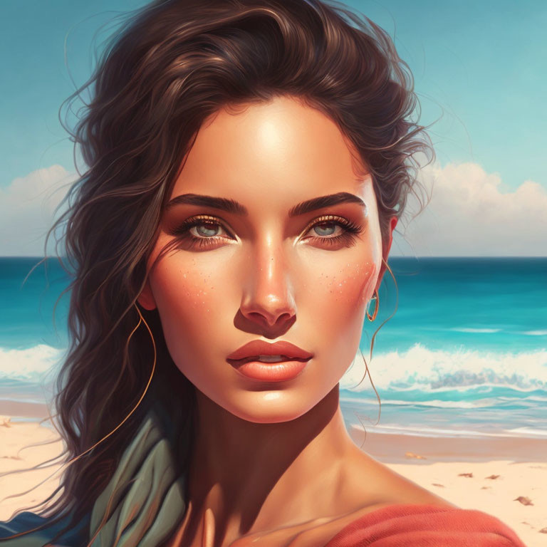 Digital artwork: Woman with deep green eyes, freckles, and dark hair on sandy beach background