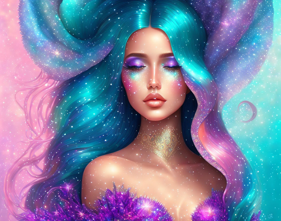 Vibrant fantasy illustration of woman with blue and purple hair and galaxy-themed details