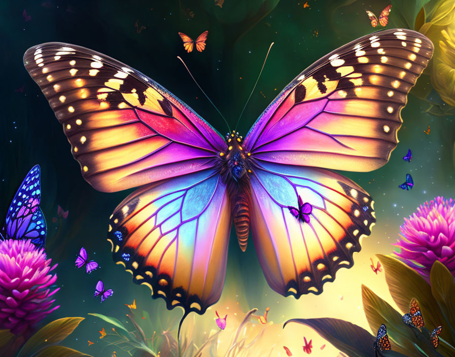 Colorful digital art featuring a large butterfly surrounded by smaller butterflies and lush flora