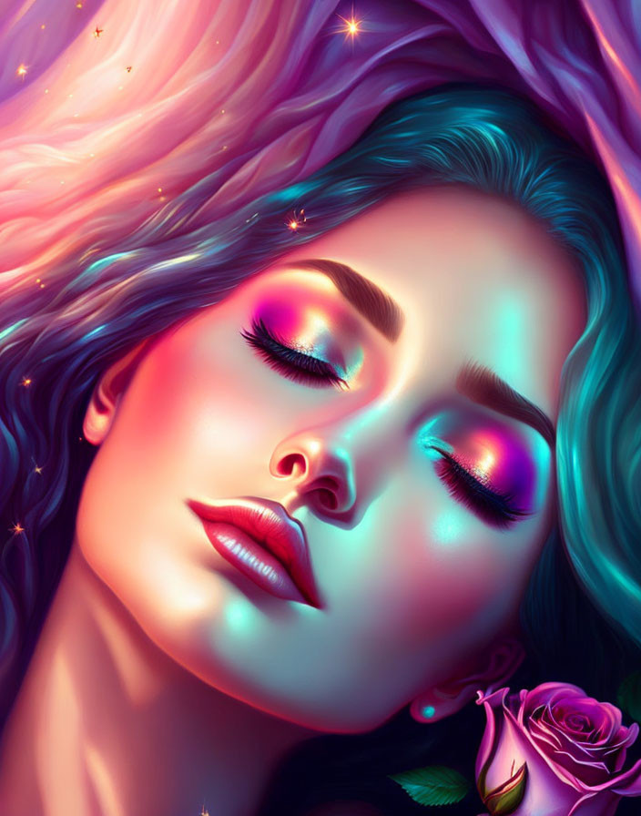 Colorful digital portrait of a woman with flowing pastel hair and rainbow makeup