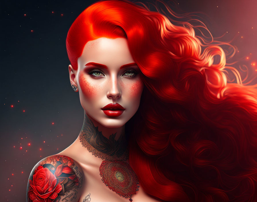 Vibrant red hair woman portrait with tattoos and dark background