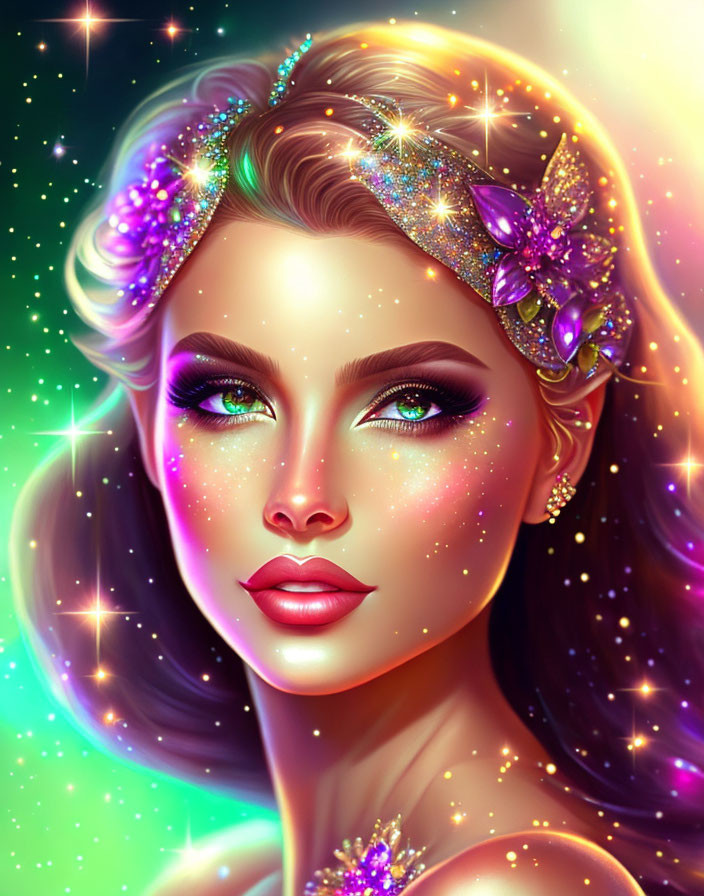 Illustrated portrait of a woman with sparkling makeup and green eyes in a magical setting