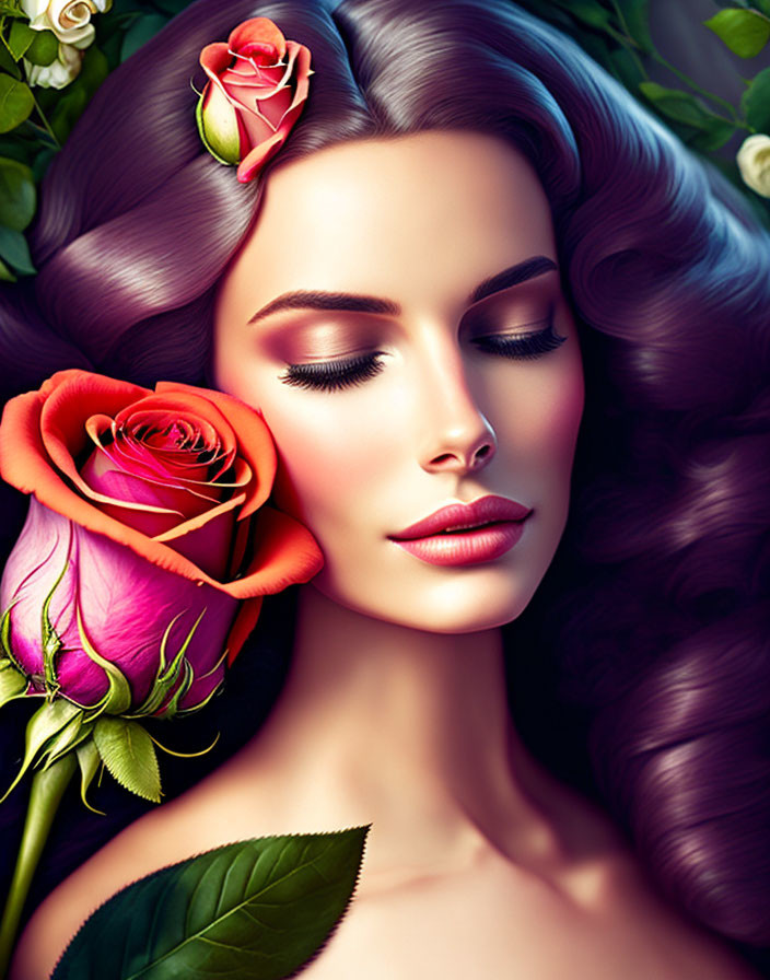 Digital Artwork: Woman with Flowy Hair and Roses in Serene Beauty