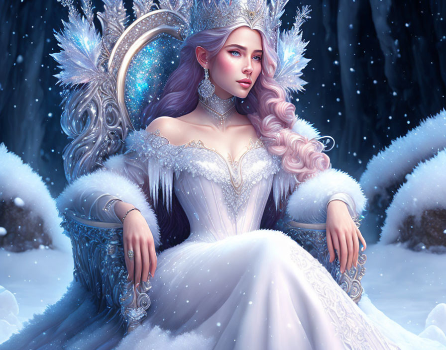 Regal figure in silver-blue hair and frost-themed gown in snowy landscape
