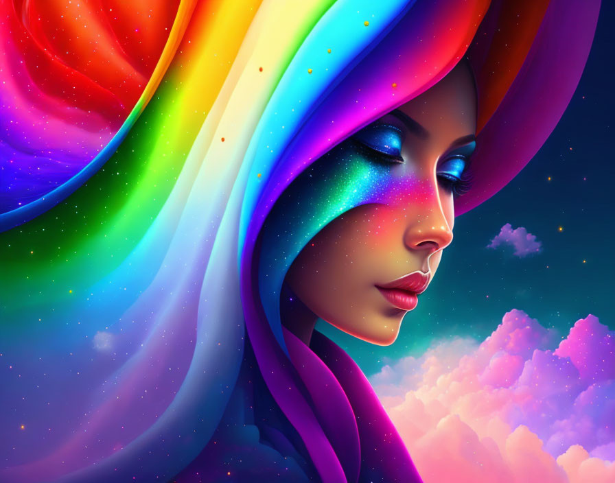 Colorful Digital Artwork: Woman with Cosmic Veil in Starry Sky