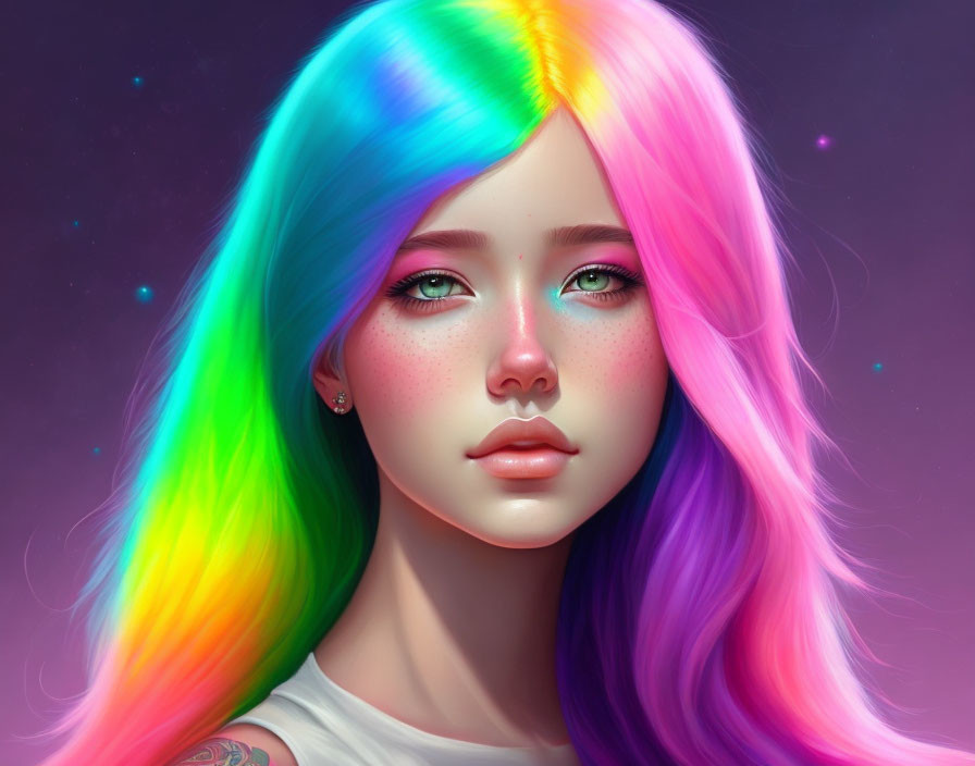 Digital artwork: Girl with rainbow hair and green eyes on purple background