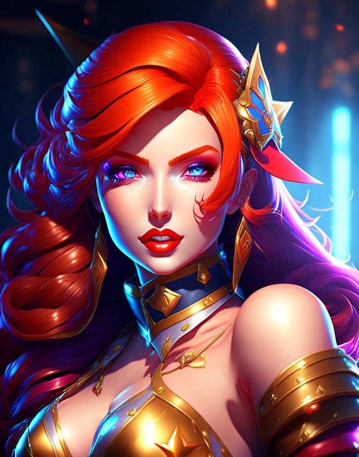 Fantasy female character with red hair, blue eyes, and golden armor in neon-lit setting