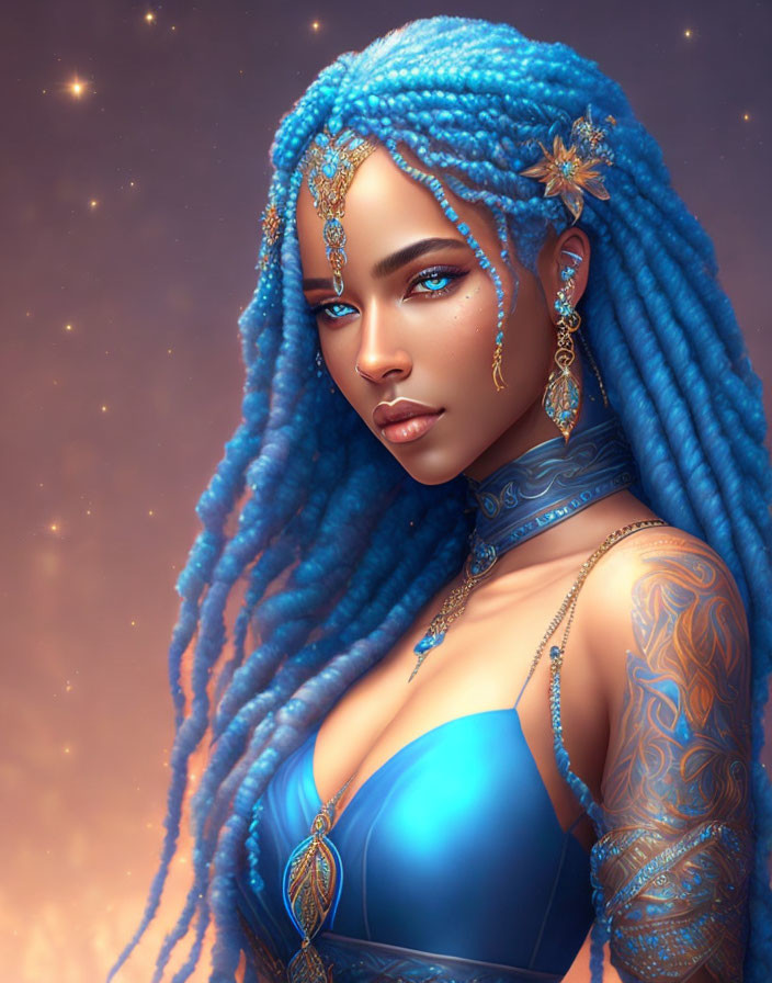 Woman with Blue Braided Hair and Tattoos in Gold Jewelry on Starry Background