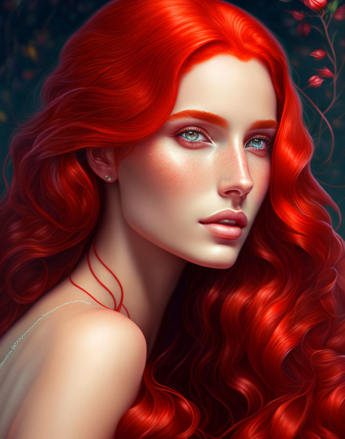 Vibrant red-haired woman with fair skin and blue eyes against dark background