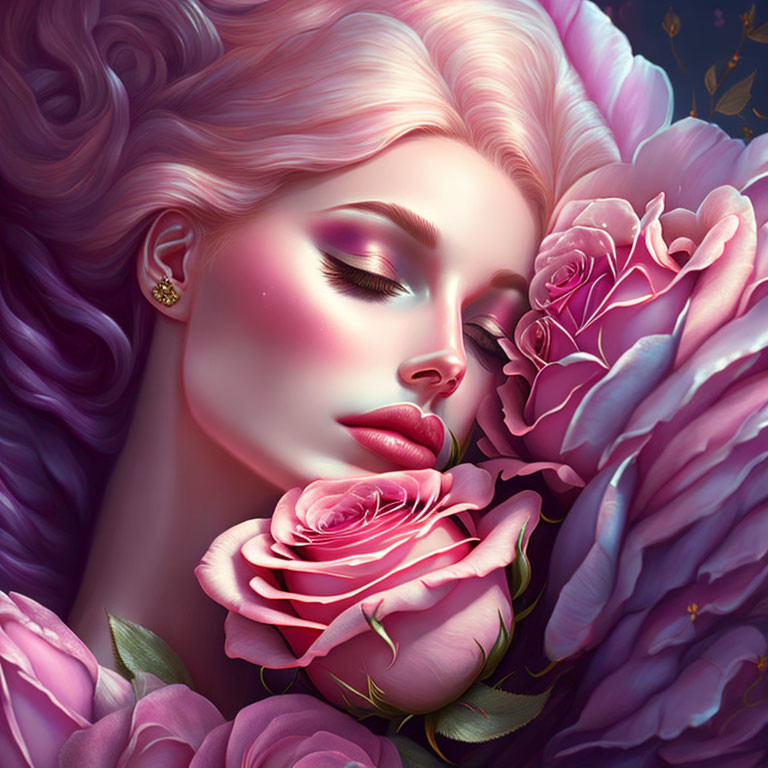 Illustration: Woman with Pink Hair Surrounded by Blooming Roses