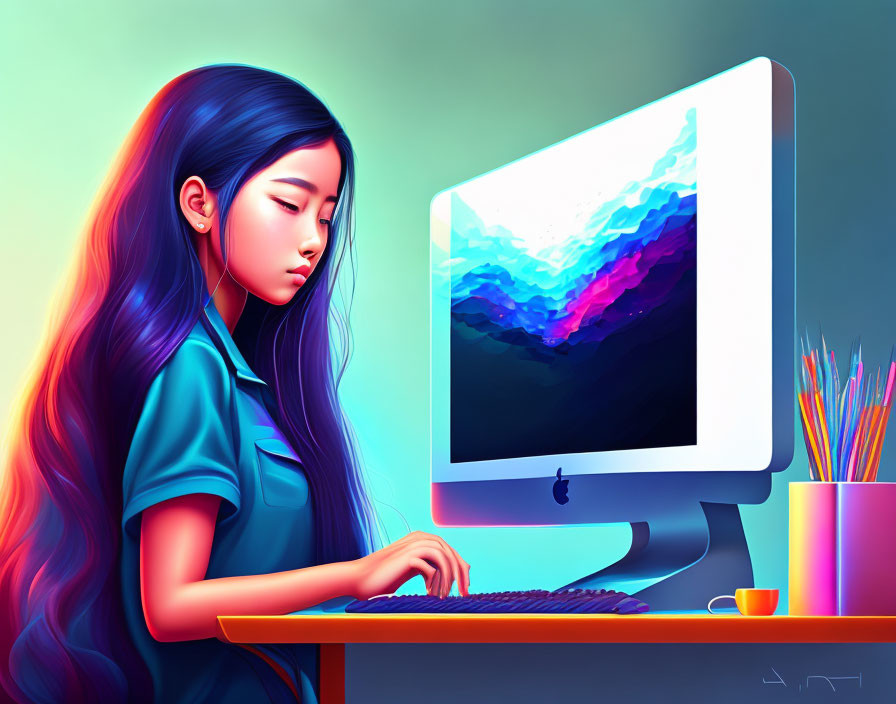 Digital artwork: Woman working at computer with vibrant wave design, colorful luminous surroundings