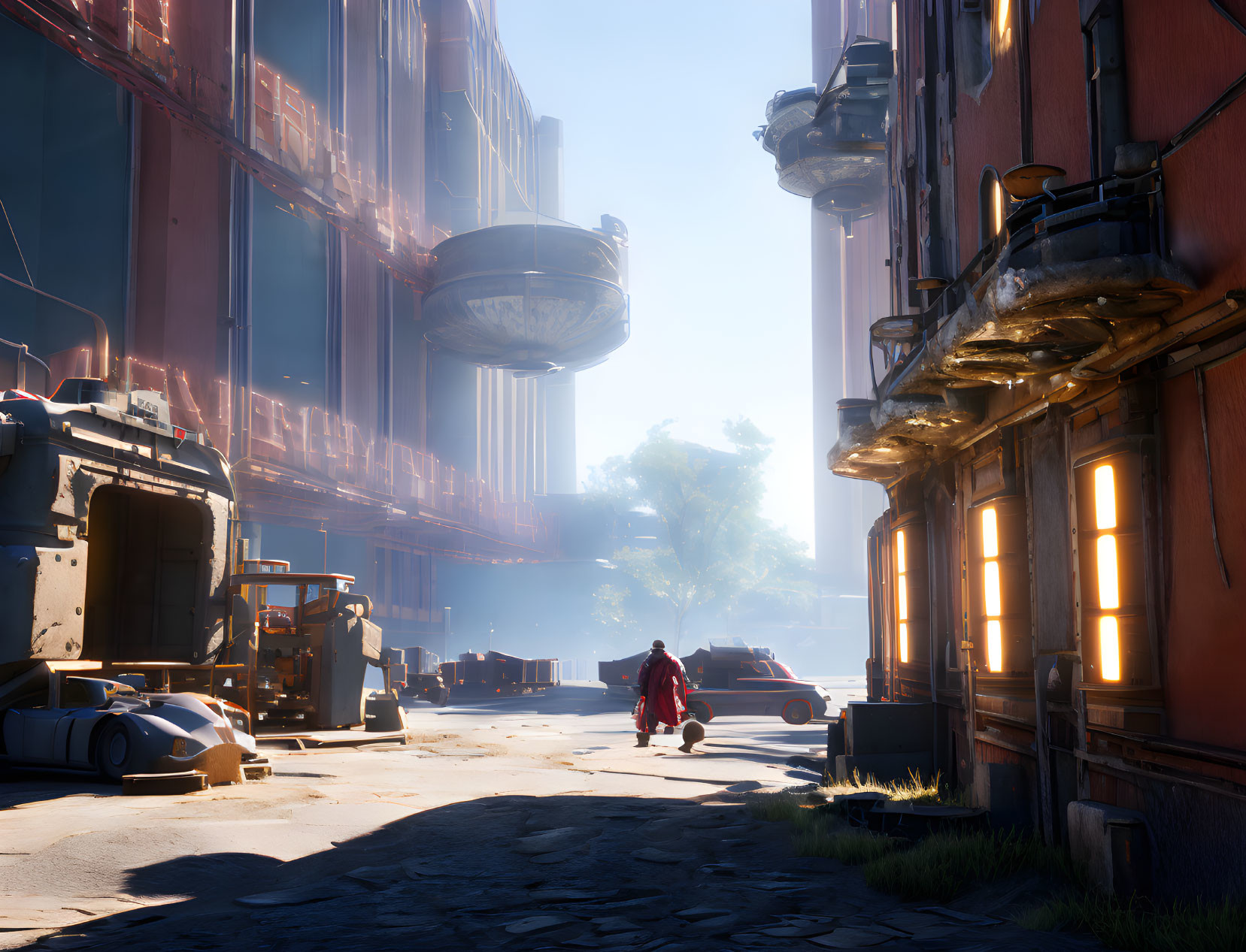 Person in Red Cloak Walking in Futuristic Cityscape Under Sunlit Hazy Sky