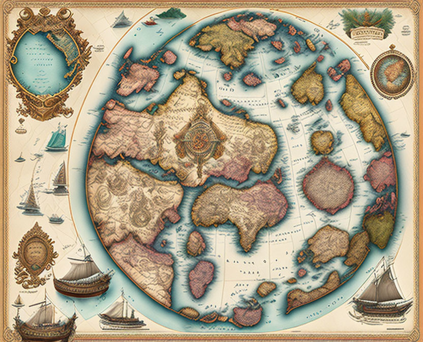 Aged vintage fantasy map with mythical continents and sea creatures