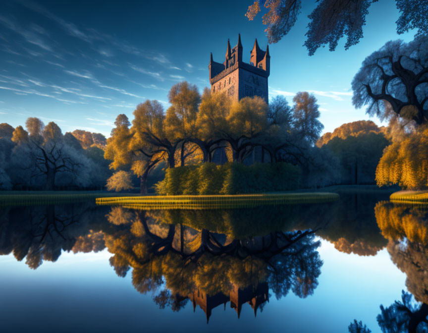 Gothic-style tower reflected in still waters with lush trees under golden light