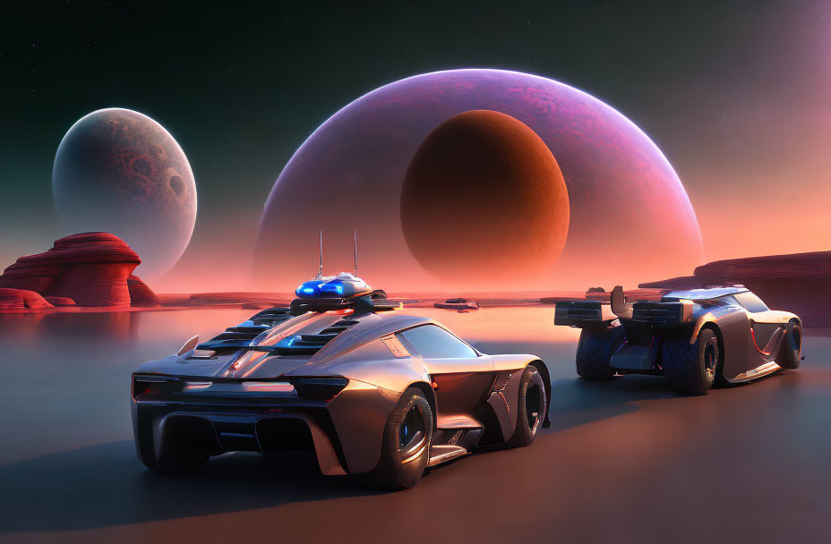 Futuristic vehicles on alien planet with large moons casting reddish glow